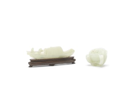A JADE LOTUS POD CARVING AND JADE RAFT PLAQUE19th centuryThe lotus pod carved borne on a stem with attendant bud, and cushion
