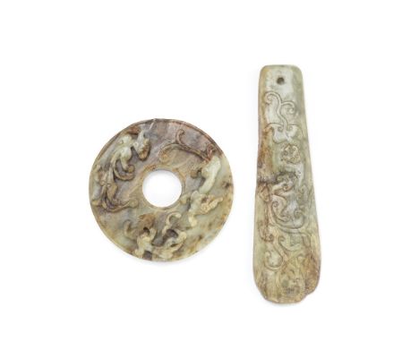 AN ARCHAISTIC JADE 'CHI DRAGON' BLADE, GUI, AND A JADE DISC, BIThe gui carved with two chi dragons, one holding a lingzhi fun