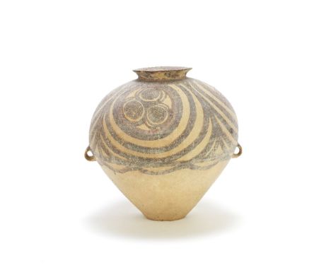 A LARGE NEOLITHIC OVOID JARProbably Majiayao Yangshao Culture Gansu 2300 - 2000 B.C.The brown and tan earthenware jar painted