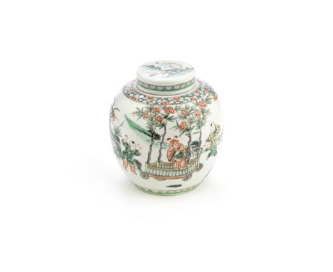 A FAMILLE VERTE JAR AND MATCHED COVER19th centuryThe body decorated with a scene depicting a scholar on a chariot with long p