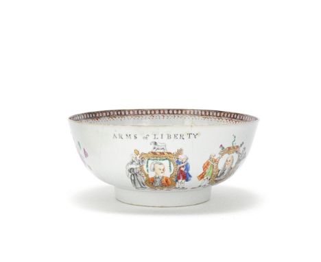 A RARE FAMILLE ROSE 'LIBERTY' PUNCH BOWLQianlongEnamelled on each side with a cartouche portrait of John Wilkes below the ins