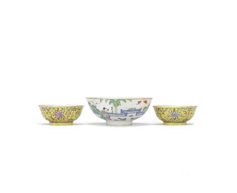 A FAMILLE ROSE 'BOYS' BOWL AND A PAIR OF YELLOW GROUND BOWLSRepublic The first decorated with two boys in a garden before two