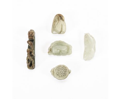 A COLLECTION OF JADE CARVINGSQing DynastyComprising: a white jade pea pod carving; a pale celadon carving of a cat sleeping o