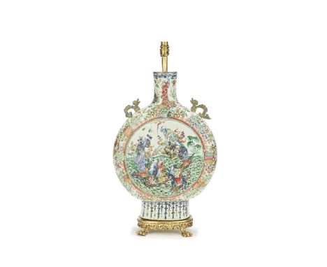 A FAMILLE ROSE AND UNDERGLAZE BLUE 'IMMORTALS' MOONFLASKEarly 19th centuryThe circular body with medallions enclosing Immorta