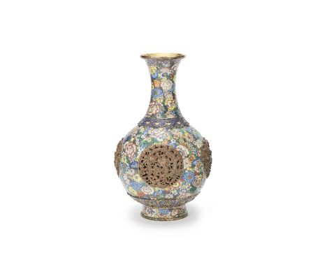 A CLOISONNÉ ENAMEL AND GILT COPPER REVOLVING VASE19th centuryThe separately cast body set with four medallions each containin