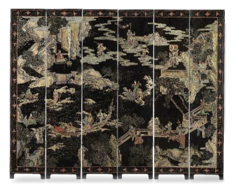 A SIX-PANEL 'COROMANDEL' LACQUER SCREEN19th centuryOne side carved and coloured to depict a panorama scene across the six pan