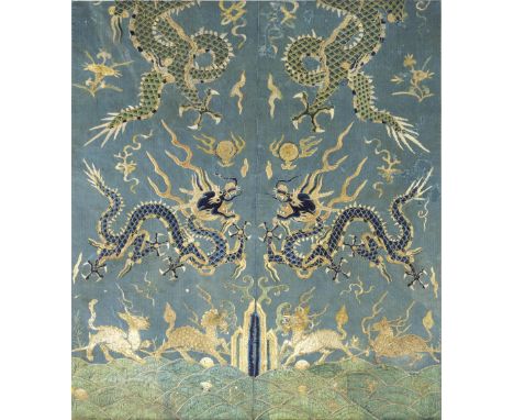 A BLUE-GROUND SILK EMBROIDERED 'DRAGON' PANEL17th centuryThe rectangular panel finely embroidered with two four-clawed dragon