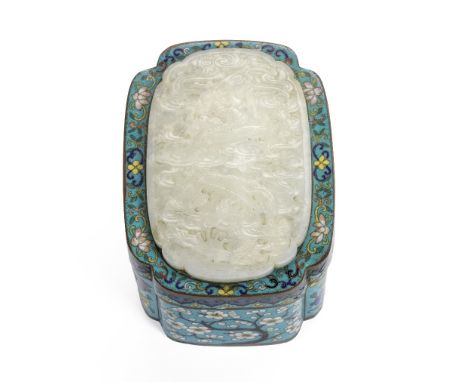 A WHITE JADE 'DRAGON' PLAQUE INSET CLOISONNÉ ENAMEL BOX AND COVER19th CenturyThe jade plaque incised with a dragon flying amo