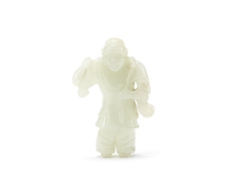 A PALE CELADON JADE CARVING OF A MAN18th/19th centuryStanding in flowing robes, holding a necklace, the face wrinkled into a 