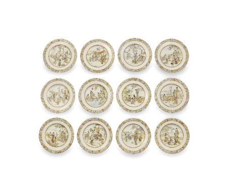 A SET OF FINE SATSUMA 'MONTH' PLATESBy Kinkozan, Meiji PeriodEach plate decorated in enamels and gilt with a circular panel e