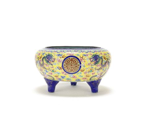 A PAINTED ENAMEL 'DRAGON' INCENSE BURNER19th centuryBrightly enamelled to each side with confronting dragons flanking a shou 