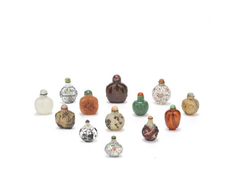 A GROUP OF THIRTEEN VARIOUS SNUFF BOTTLES18th/19th to 20th centuryComprising: carved agate, amber, painted enamel, jasper, ha