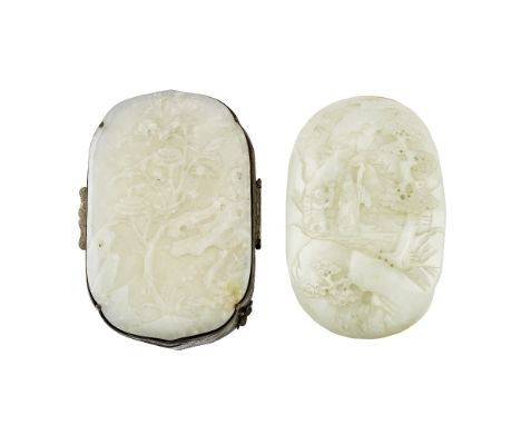 TWO WHITE JADE PANELS18th/19th centuryOne of oval form incised to depict a scholar and boy attendant walking on a rocky path 