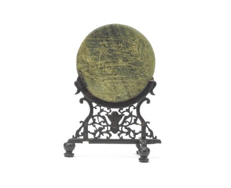 A GILT DECORATED SPINACH JADE 'LANDSCAPE' CIRCULAR TABLE SCREEN19th centuryPainted on either side with a different watery lan