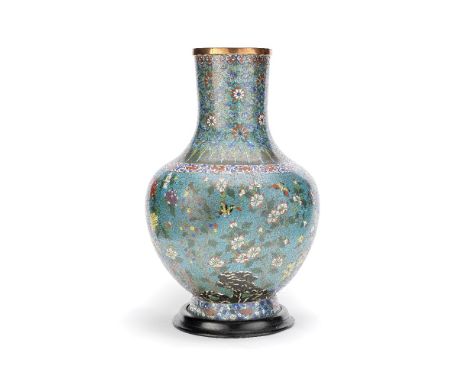 A LARGE CLOISONNÉ ENAMEL BOTTLE VASELate Qing DynastyDecorated to the body with birds and butterflies amongst blossoming tree