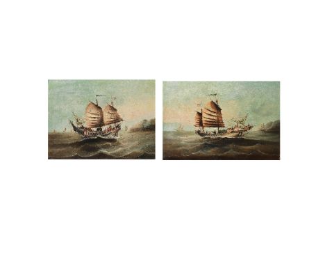 CHINESE SCHOOL (19TH CENTURY)Junks at SeaA pair of oil paintings on canvas, framed. 43cm (16 7/8in) high x 58cm (22 7/8in) wi