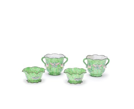 TWO PAIRS OF PAINTED ENAMEL 'LOTUS' VESSELS19th centuryIn the form of open lotus leaves with scalloped rims, the first pair w