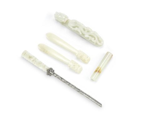 A JADE BELT HOOK, TWO JADE HAIRPINS, A JADE MOUNTED SILVER FAN HOLDER AND A CYLINDRICAL BEADQing DynastyComprising: a white j