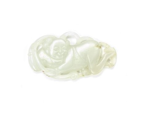 A WHITE JADE 'CELESTIAL BOY' CARVING18th/19th centuryThe youth crouching on his arms and knees, the head turned to the left, 