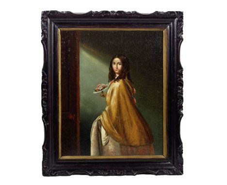 CHINESE SCHOOL (19TH CENTURY)Portrait of a LadyOil on canvas, depicting a lady holding a flower bouquet, framed.40cm (15 3/4i