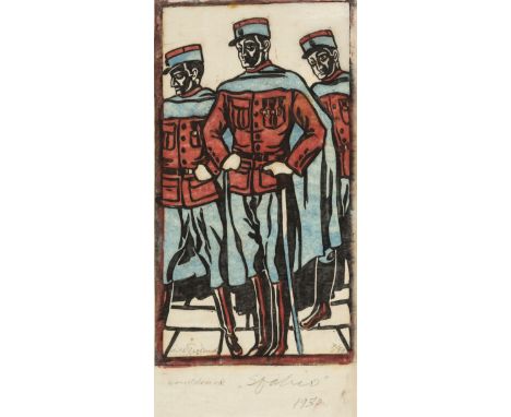 δ Lill Tschudi (Swiss, 1911-2004) Spahis (Coppel LT 3)  The rare linocut printed in red, light blue and black, 1930, an excel