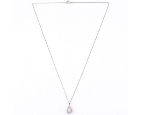 A hallmarked 9ct white gold opal and diamond pendant strung upon a 925 silver chain. Total weight 2.4g. Measures pendant 1.8c