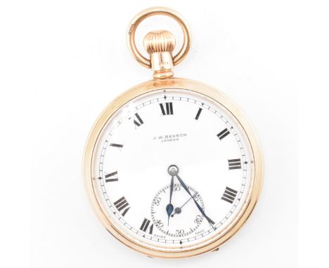 A hallmarked 9ct gold J.W Benson pocket watch. The 9ct yellow gold J.W. Benson open-face pocket watch having Roman numeral in