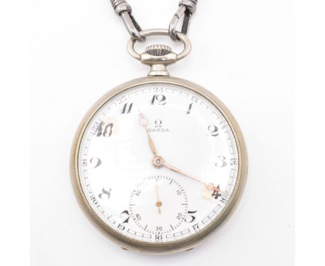 An Omega pocket watch on a white tone metal chain. The Omega open-face pocket watch having Arabic indices, Breguet hands and 