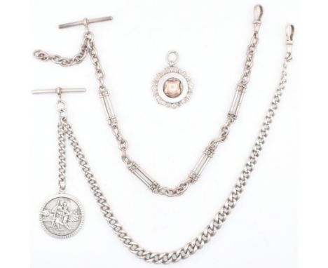 Two silver watch chains and medallion pendants. A hallmarked Victorian fancy link book chain with T bar&nbsp; dog lead clasp 
