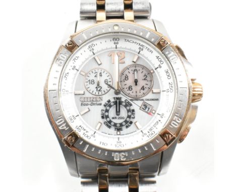 A Citizen Eco-Drive Perpetual Calendar Chronograph wristwatch. The Citizen wristwatch having a grey dial with luminous baton 