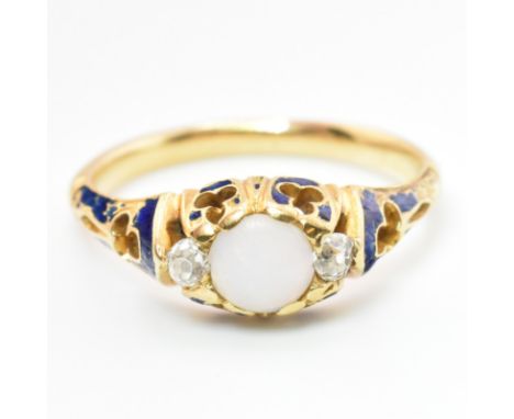 A 19th century 18ct gold, diamond and opal ring with enamel work. The ring having a central round opal cabochon flanked by tw