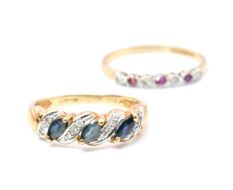 Two hallmarked 9ct gold and gem set rings. The rings to include a hallmarked 9ct gold, ruby and diamond half hoop ring, hallm