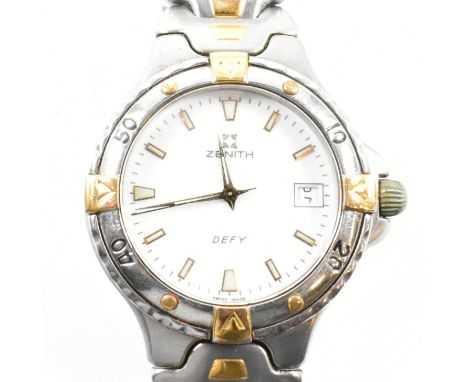 A Zenith bi-metal 'Defy' wristwatch. The Zenith wristwatch having a white dial with bar number markers and trapezium shaped h