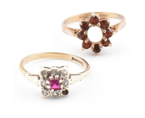Two AF hallmarked 9ct gold and gem set cluster rings. The rings to include an AF 9ct gold cluster ring having a central princ