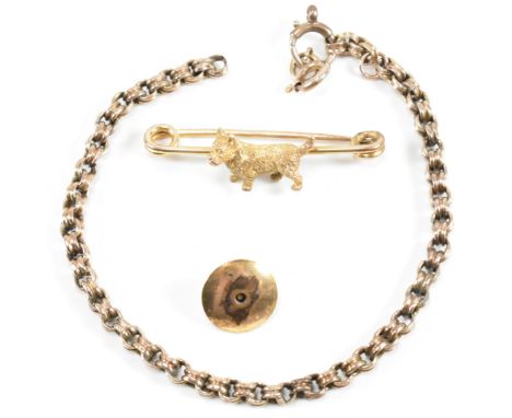 A collection of gold and rolled gold jewellery. The lot to include a safety pin brooch with a rolled gold terrier dog, unmark