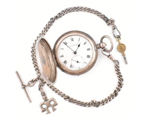 A 1920s hallmarked silver H. Samuel full hunter pocket watch and Albert chain. The H. Samuel Manchester pocket watch signed '