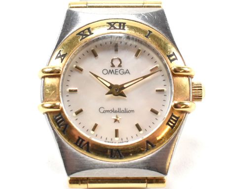 An Omega Constellation ladies wristwatch boxed. The Omega wristwatch having a white mother of pearl dial, sapphire crystal wi