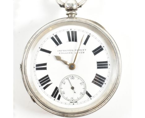 An Edwardian hallmarked silver pocket watch and albert chain. The hallmarked silver Improved Patent English Lever open face p
