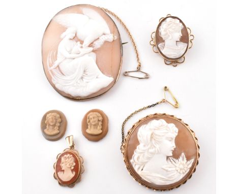 A collection of cameo brooch pins, necklace pendants and plaques. The lot to include a hallmarked 9ct gold mounted oval carve