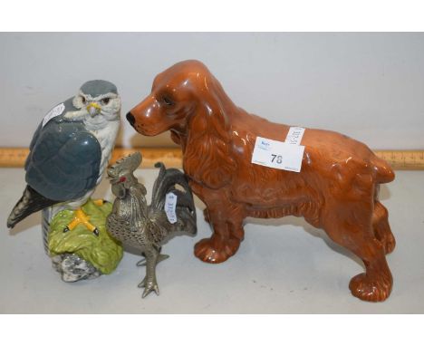 Mixed Lot: A Whyte &amp; Mackay Merlin scotch whisky decanter together with a further model Spaniel and a pewter cockerel