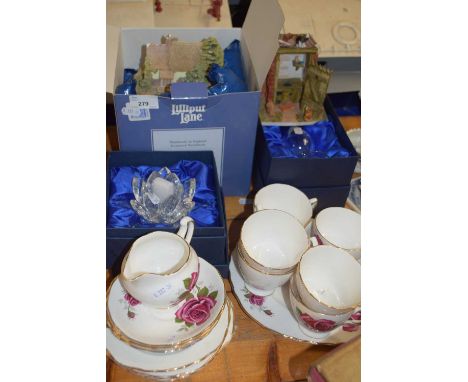 Mixed Lot: Liliput Lane cottage, flower formed glass candlestick, Crown Royal tea wares etc