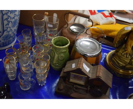 Mixed Lot: Copper kettle, various retro glasses, biscuit barrel, watermill shaped mantel clock etc