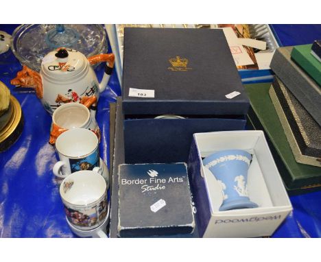 Mixed Lot: Border Fine Arts place mats, a boxed Old Tupton ware jug, hunting ware teapot and other assorted items