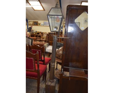 Copper and brass framed lantern style floor standing light fitting, 173cm high