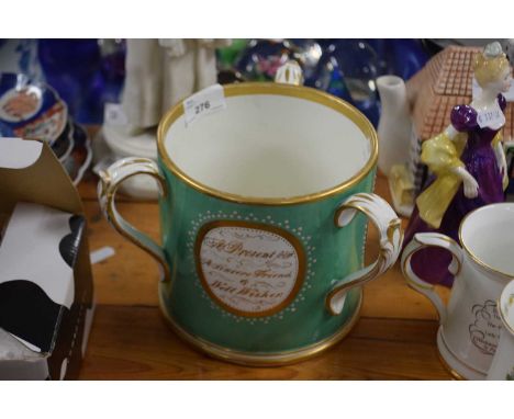 Large 19th Century English porcelain tyg with painted panel of a sailing scene and also panel of flowers with inscription in 