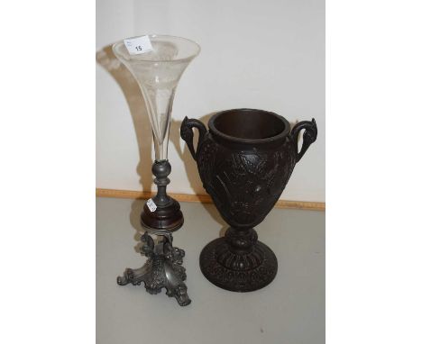 Cast metal oil lamp base with heron shaped handles together with a further metal based  and clear glass stem vase