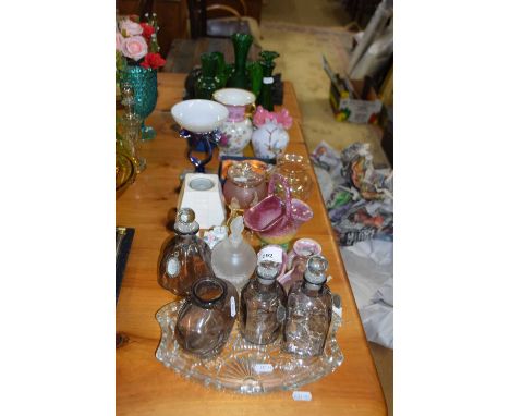 Mixed Lot: Various glass vases, miniature ceramic baskets, trinket boxes, dressing table items etc