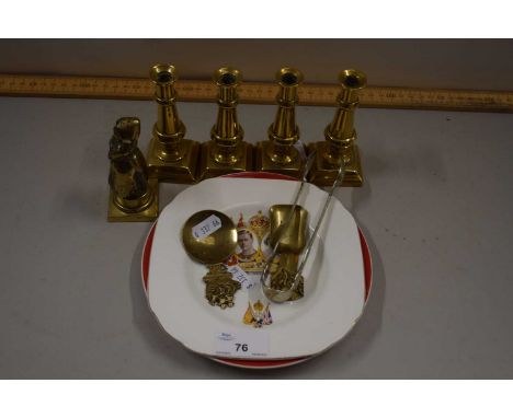 Mixed Lot: Small brass candlesticks, brass caddy spoons and other items