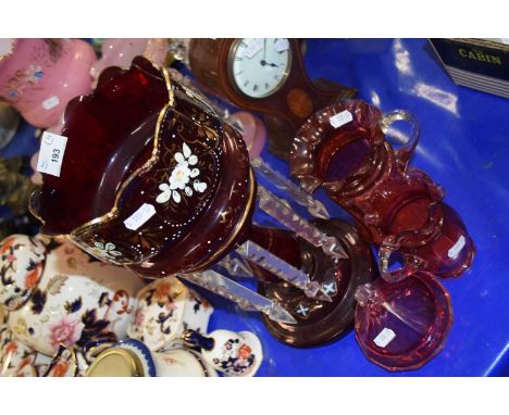 Mixed Lot: Ruby glass table lustre with glass drapes together with three pieces of cranberry glass (4)
