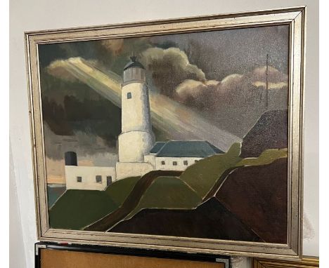 An oil on canvas of a light house 